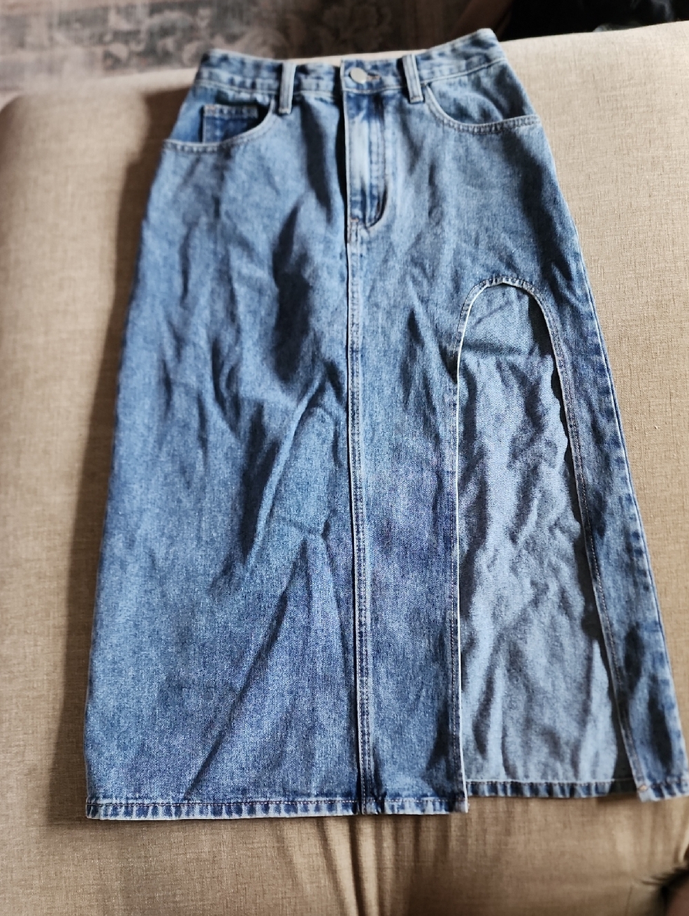 Blue Denim High-Slit Midi Skirt